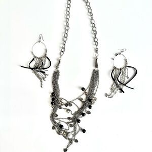 Elegant Silver and Black Necklace and Earring Set